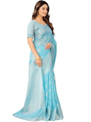 Leeza Store Women's Tissue Silk Blue Jacqaurd Woven Silver Zari Floral saree 3