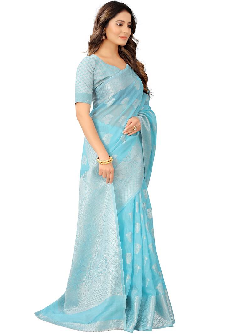 Leeza Store Women's Tissue Silk Blue Jacqaurd Woven Silver Zari Floral saree