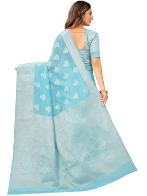 Leeza Store Women's Tissue Silk Blue Jacqaurd Woven Silver Zari Floral saree 4