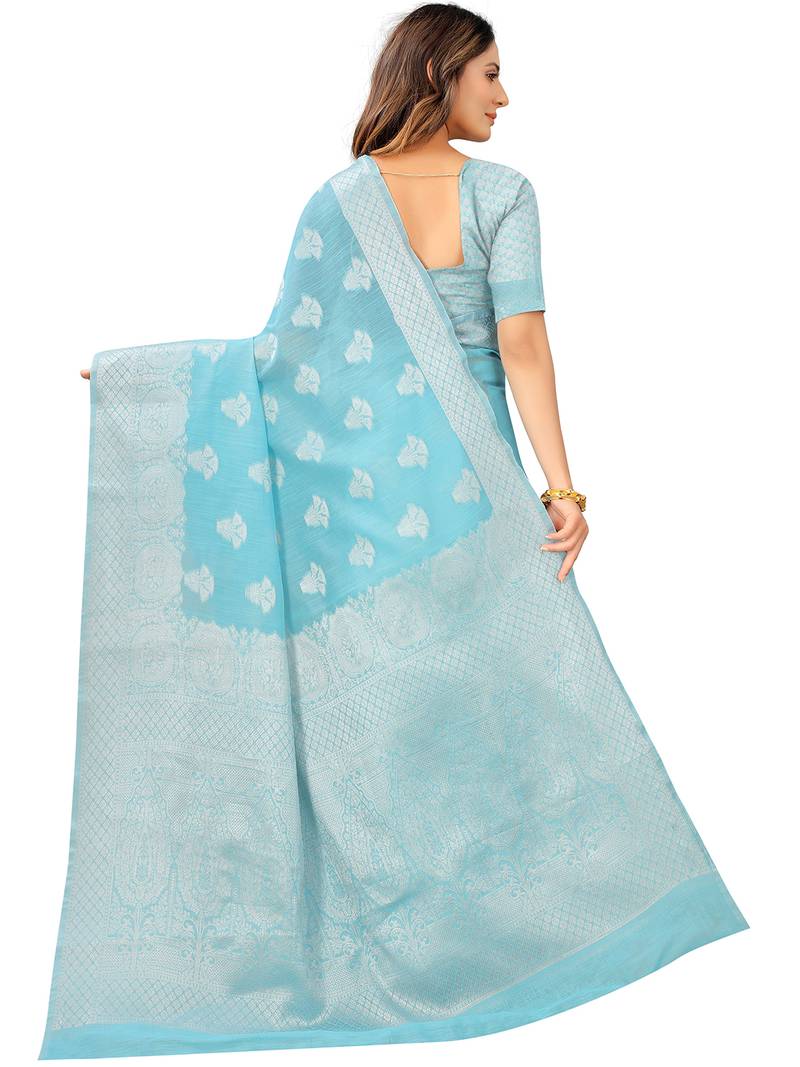 Leeza Store Women's Tissue Silk Blue Jacqaurd Woven Silver Zari Floral saree