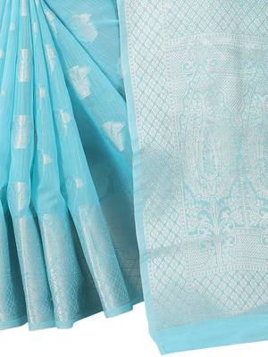 Leeza Store Women's Tissue Silk Blue Jacqaurd Woven Silver Zari Floral saree 5