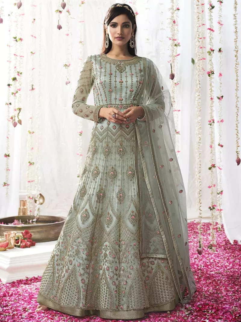 Turquoise embroidered net salwar