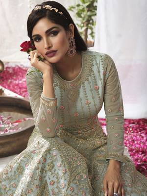 Turquoise embroidered net salwar 3