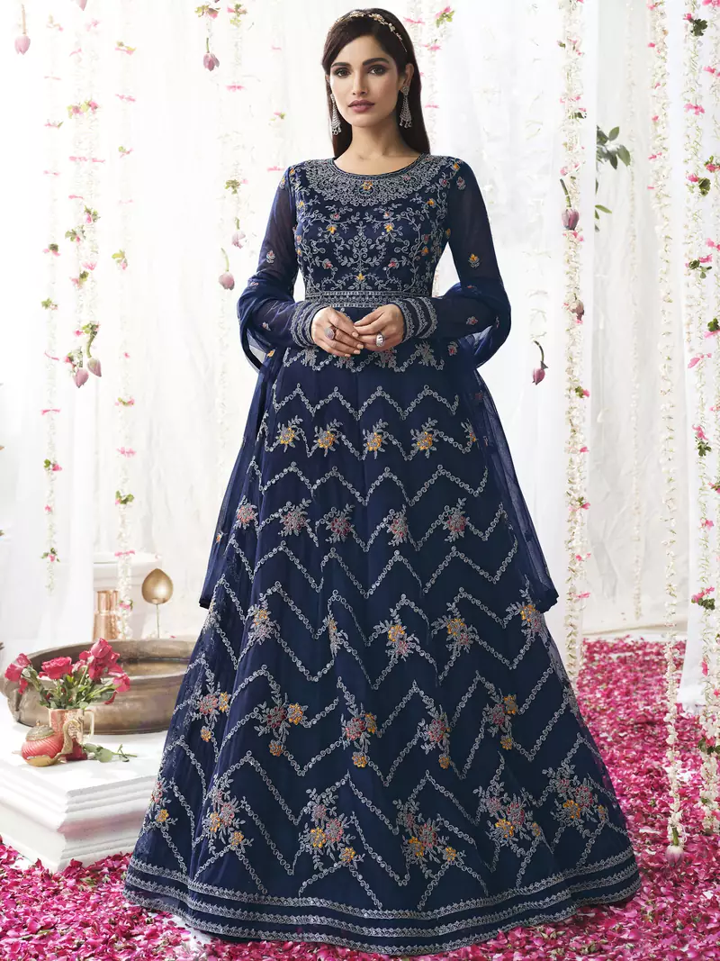 Navy blue embroidered net salwar