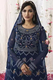 Navy blue embroidered net salwar
