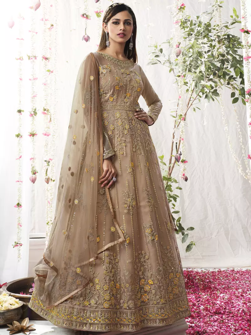 Beige embroidered net salwar