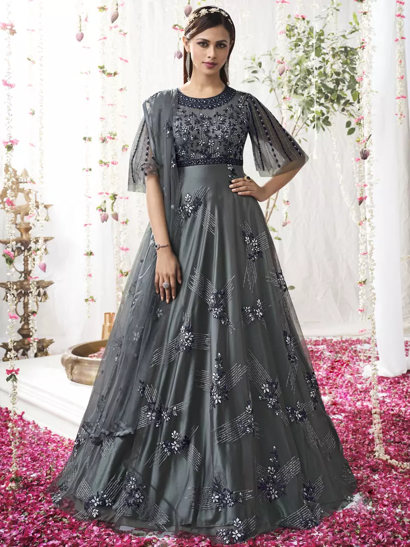 Grey embroidered net salwar