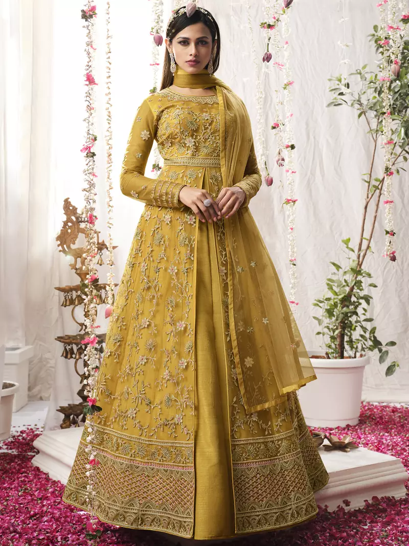Yellow embroidered net salwar