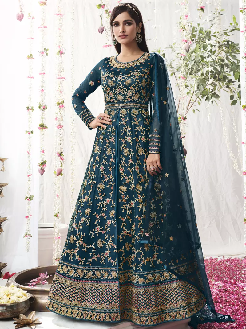 Teal embroidered net salwar