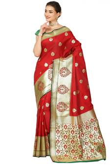 Red woven satin saree with blouse