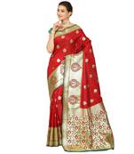 Red woven satin saree with blouse