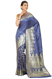 Blue woven satin saree with blouse