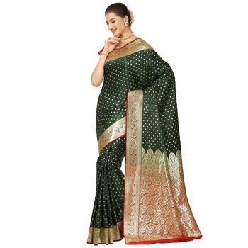 Dark olive woven satin saree with blouse 1