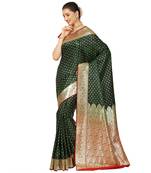 Dark olive woven satin saree with blouse