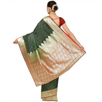 Dark olive woven satin saree with blouse 2