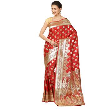 Red woven katan silk saree with blouse 1