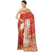 Red woven katan silk saree with blouse