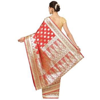 Red woven katan silk saree with blouse 2