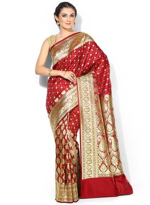 Maroon woven satin saree with blouse 1