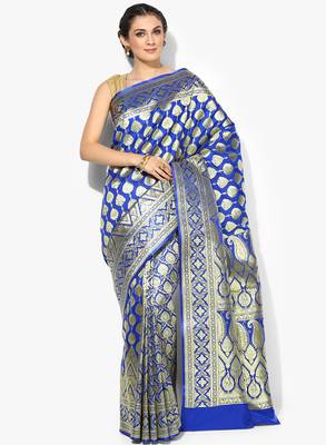 Royal blue woven satin saree with blouse 1