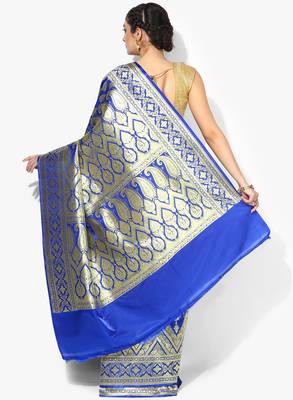 Royal blue woven satin saree with blouse 2