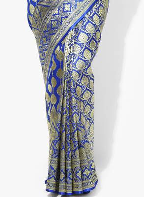 Royal blue woven satin saree with blouse 3