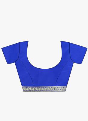 Royal blue woven satin saree with blouse 4