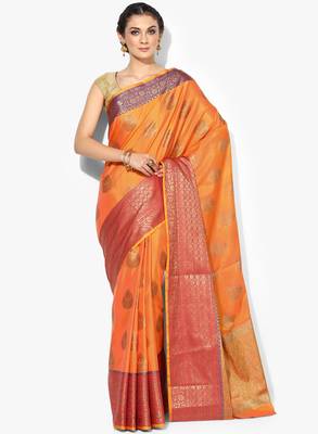 Orange woven satin saree with blouse 1