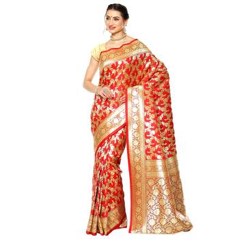 Red woven katan silk saree with blouse 1