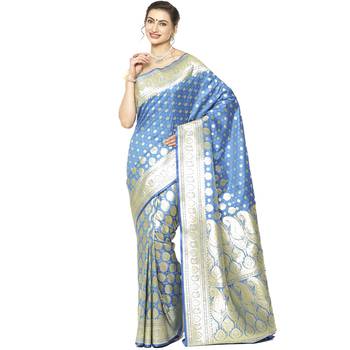 Blue woven satin saree with blouse 1
