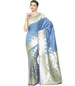 Blue woven satin saree with blouse