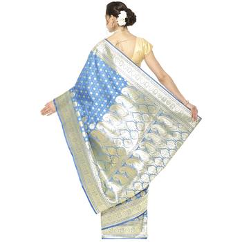 Blue woven satin saree with blouse 2