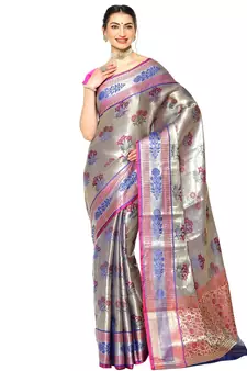 Pink woven Faux kanchipuram silk saree with blouse