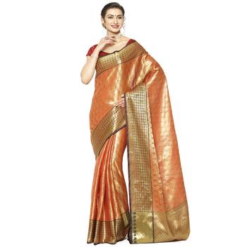 Beige woven Faux kanchipuram silk saree with blouse 1