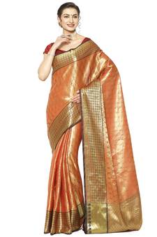 Beige woven Faux kanchipuram silk saree with blouse