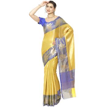 Beige woven Faux kanchipuram silk saree with blouse 1