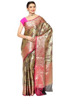 Pink woven Faux kanchipuram silk saree with blouse