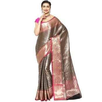 Black woven Faux kanchipuram silk saree with blouse 1