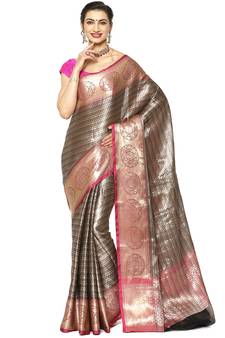 Black woven Faux kanchipuram silk saree with blouse