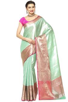 Green woven Faux kanchipuram silk saree with blouse