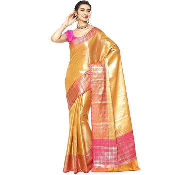 Beige woven Faux kanchipuram silk saree with blouse 1