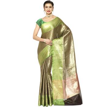 Black woven kanchipuram silk blend saree with blouse 1