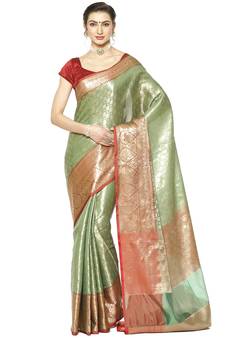 Green woven Faux kanchipuram silk saree with blouse