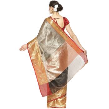 Black woven kanchipuram silk blend saree with blouse 2