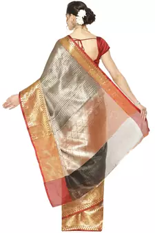 Black woven kanchipuram silk blend saree with blouse
