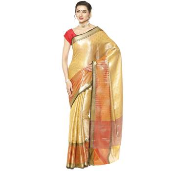 Beige woven Faux kanchipuram silk saree with blouse 1