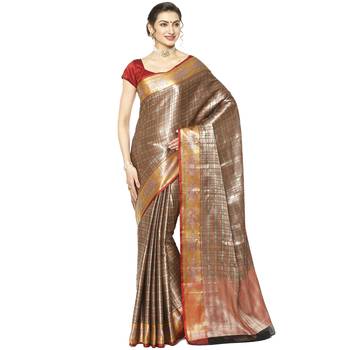 Beige woven Faux kanchipuram silk saree with blouse 1