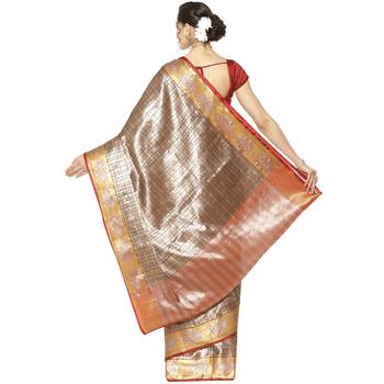 Beige woven Faux kanchipuram silk saree with blouse 2
