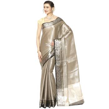 Beige woven Faux kanchipuram silk saree with blouse 1