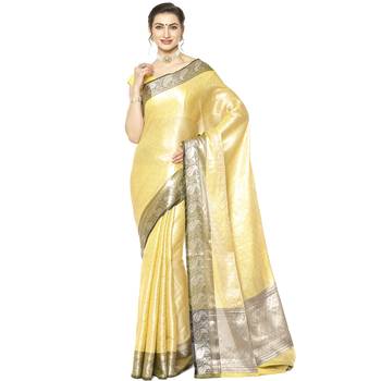 Beige woven Faux kanchipuram silk saree with blouse 1